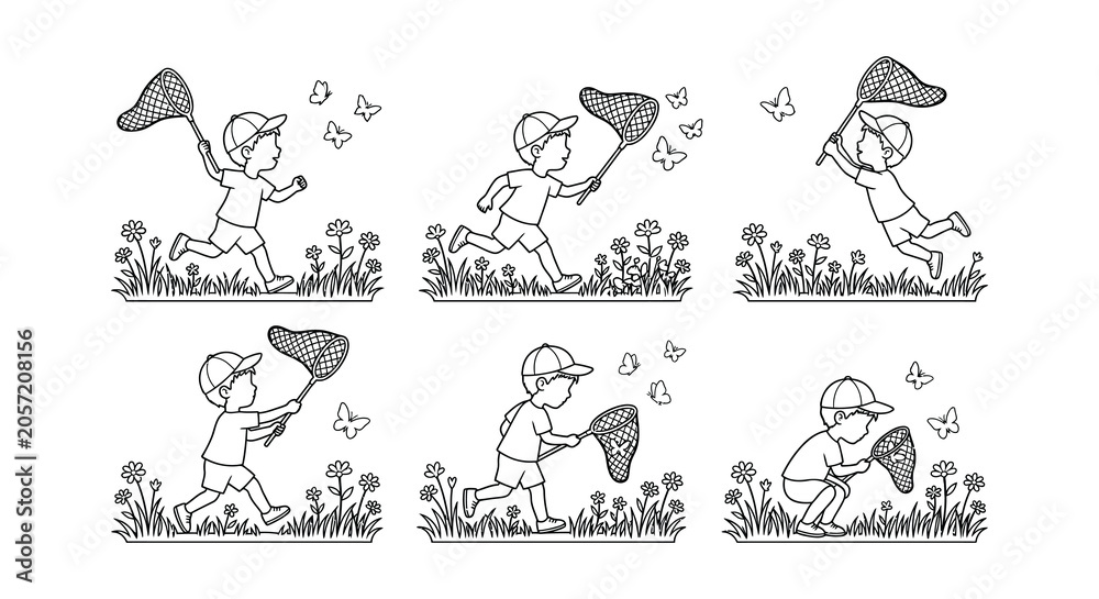 Obraz premium Children Catching Butterflies With Nets Black And White Vector Illustration