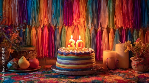 A vibrant 30th birthday celebration features a colorful cake adorned with candles, creating a warm and festive atmosphere for joyous memories.