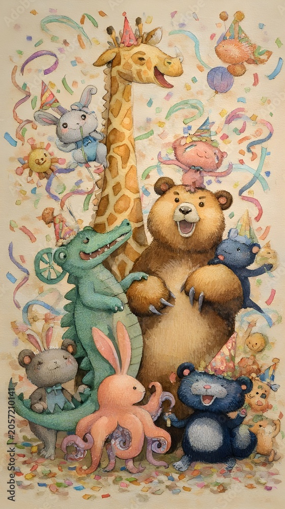Fototapeta premium Oil painting watercolor on paper, colorful forest animals jiraffe cocodrile bear rabbit and octupus celebrating in a party with confeti, beige background
