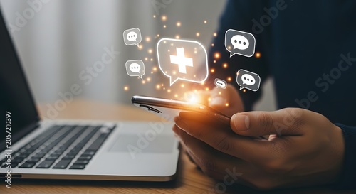 Telemedicine and virtual healthcare consultation. Remote medical advice and doctor support. Person using a smartphone with medical plus sign icons for online healthcare communication