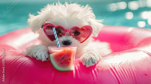 White Maltese puppy wearing pink heart sunglasses sitting and eating watermelon on beach chair and beach umbrella by the sea in resting summer vacation,orange cat,pet friendly concept.