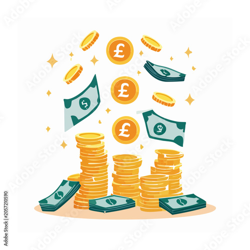 3D render of stacked coins with growth arrows