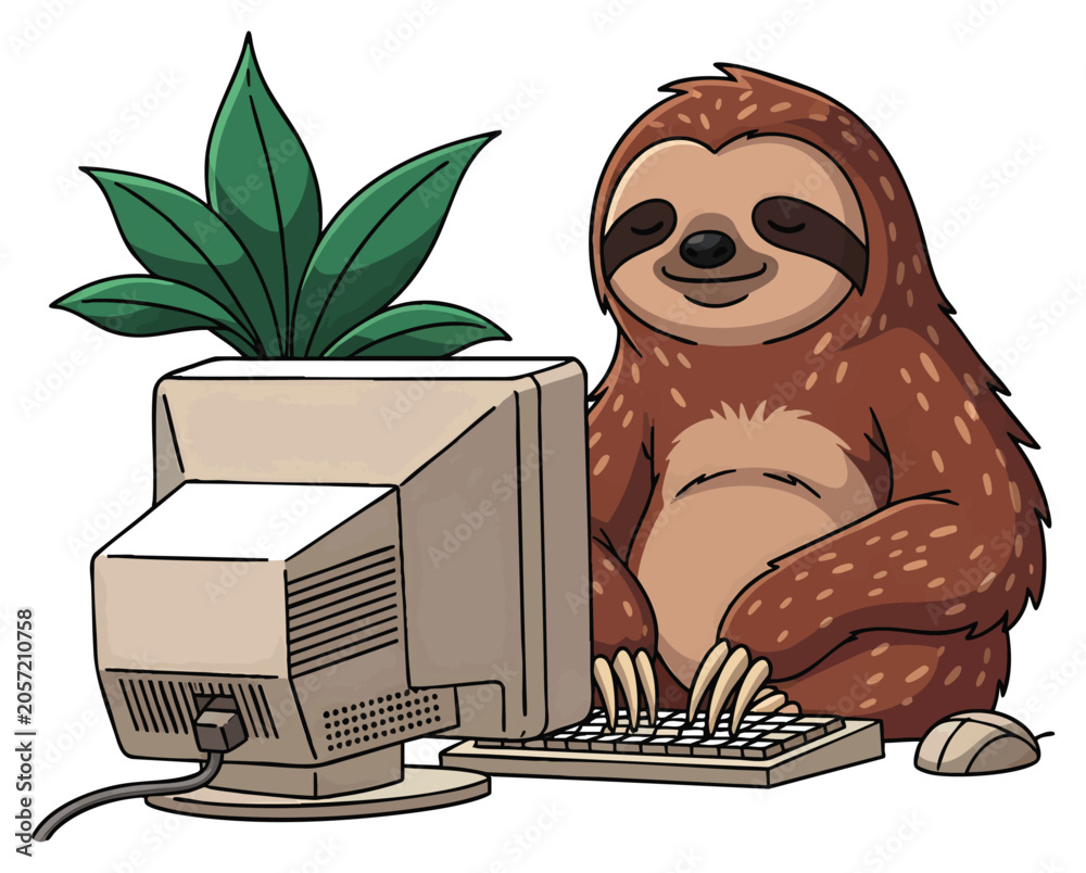 Fototapeta premium Cute relaxed brown sloth holding a keyboard beside a retro computer monitor with a potted plant, concept for remote work productivity, digital nomad lifestyle, and eco-friendly office design