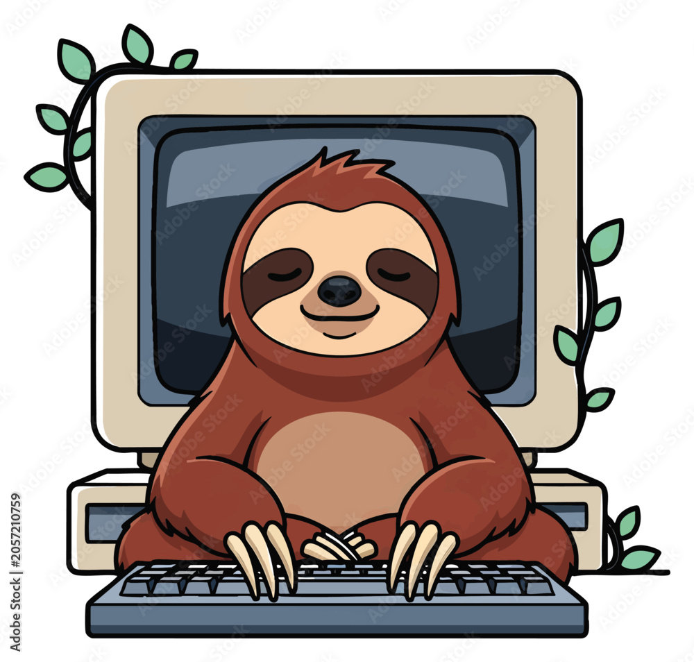 Fototapeta premium Cute cartoon sloth sitting on vintage computer keyboard with green leafy branches, concept for digital detox, slow living, and eco-friendly tech lifestyle, ideal for blog illustrations, app icons,
