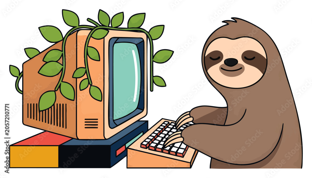 Fototapeta premium Cute cartoon sloth hanging on retro computer monitor with green leaves, concept for slow productivity, digital detox, and eco-friendly workspace design, ideal for tech blogs, environmental campaigns,