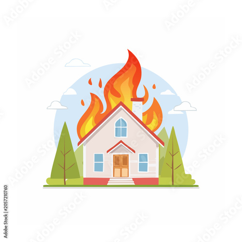 Flat design house with orange roof and chimney