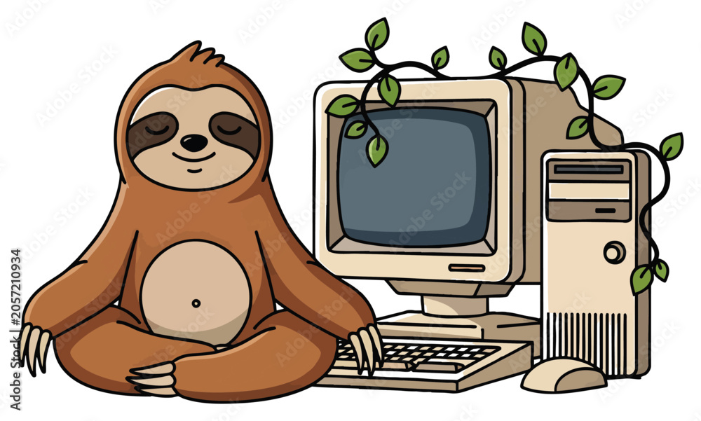 Fototapeta premium Cute cartoon sloth sitting cross-legged in front of a vintage computer monitor with green leaves, concept for digital detox, slow living, and eco-friendly lifestyle illustrations for blog posts, app