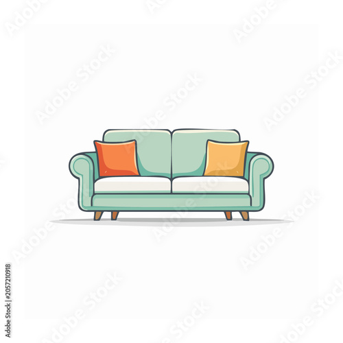 Modern teal sofa with orange cushions 3D render