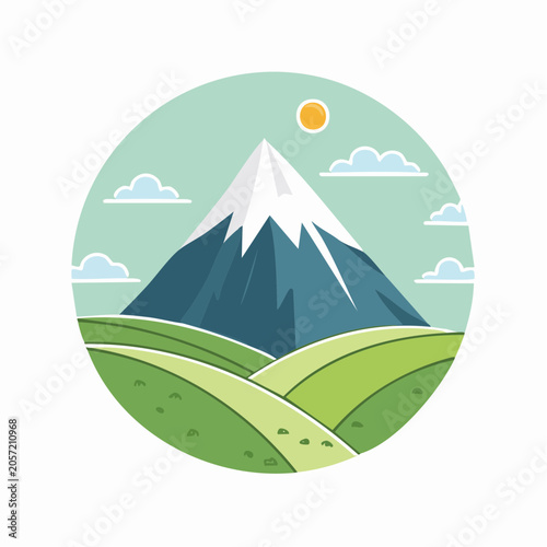 Stylized Mountain Landscape with Sun and Clouds