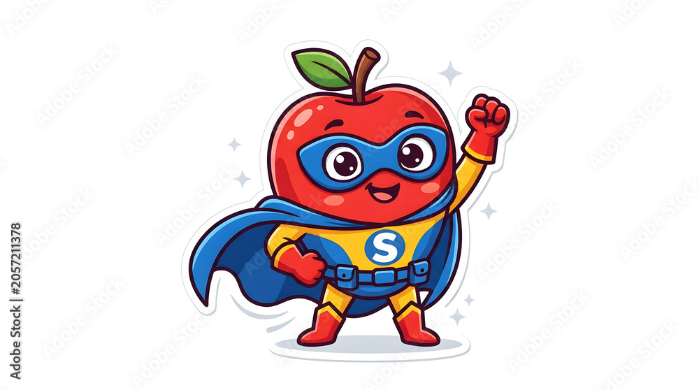Fototapeta premium Cute superhero apple character in colorful cartoon style