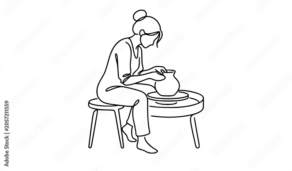 Fototapeta premium Continuous line art female artisan shaping ceramic clay pot on a pottery wheel vector illustration, minimalist outline design element for craft studio branding, handmade workshops, or art hobby layout
