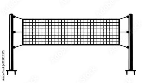Foto Professional sports volleyball net with sturdy vertical metal poles and adjustable tension ropes vector illustration, isolated black linear outline design element for athletic court layouts