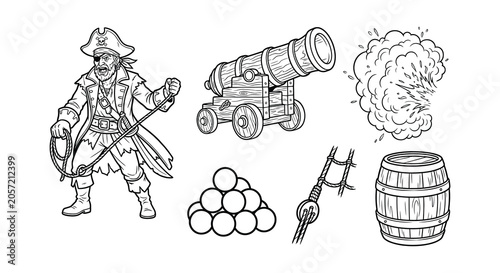 Quadro em tela Pirate firing cannon silhouettes black vector illustration on white background