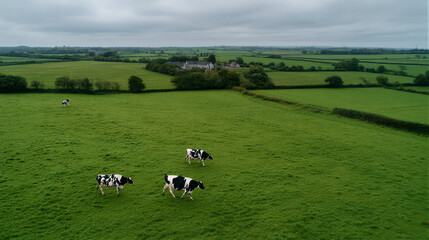 Aerial view of Normandy green fields divided by hedgerows with grazing cows. Soft cloudy light creates a tranquil mood ideal for tourism, farm branding, and clean website hero backgrounds.
