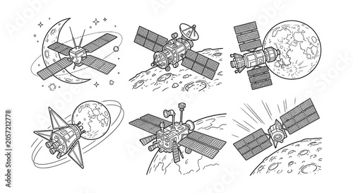 Cuadro en lienzo Satellites Orbiting Earth Black And White Vector Illustration