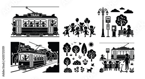 Bild auf Leinwand Black Vector Illustration Of Tram People And Trees With White Background