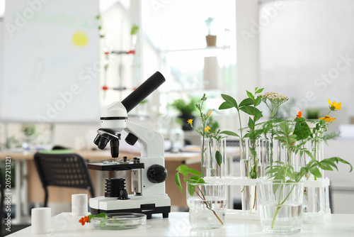 Photography Modern microscope and test tubes with plants on shelf in Biology classroom, clos