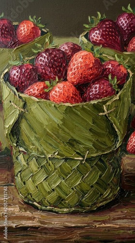 Vertical oil painting of fresh strawberries in a handmade woven basket, tall rustic still life art