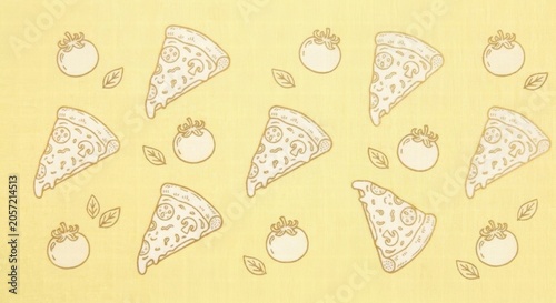 Cute Pizza Seamless Pattern, Hand Drawn Slices with Tomatoes and Basil on Light Yellow Background, Food Illustration
