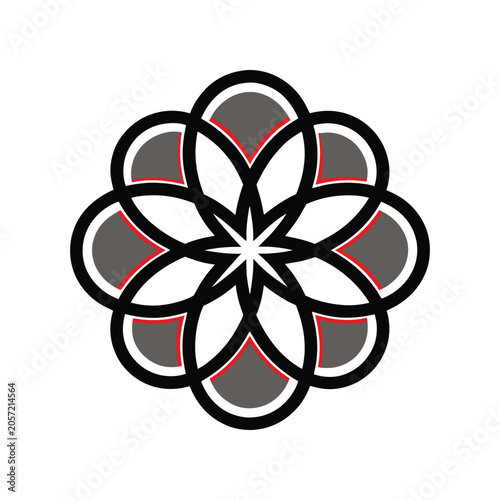Stylized symmetrical flower shape with red and gray details black outline silhouette high quality professional detailed