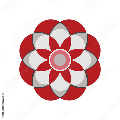 Stylized symmetrical flower design with red and gray petals isolated silhouette high quality professional detailed modern