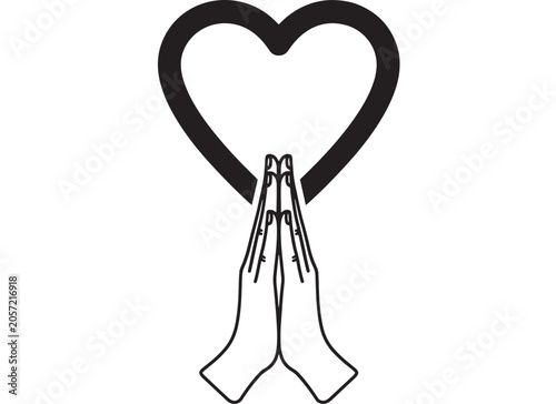 Obraz na płótnie Heart Hands Symbol with Praying Prayer Gesture Icon, Simple Black Line Art on Wh