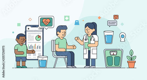 Doctor consulting patient about health, digital health app & wellness icons