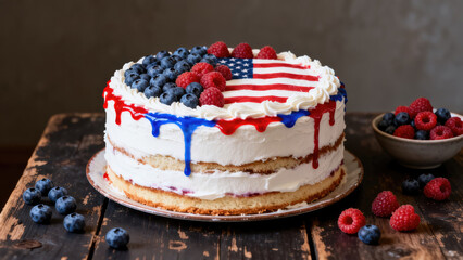 Patriotic American Themed Cake/Dessert - American Flag Colors with Red, White, and Blue - Veterans Day, Memorial Day, Fourth of July Food Concept
