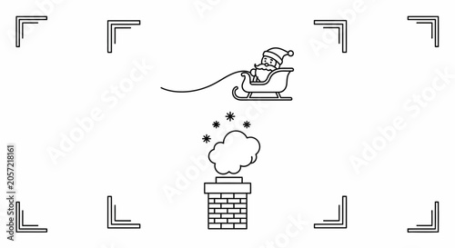 Santa Claus flying in sleigh over chimney with snowflakes, Christmas concept