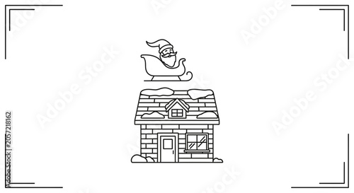Santa Claus Flying Sleigh Over Snowy House, Christmas Line Art Icon