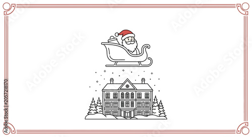 Santa Claus in Sleigh Flying Over Snowy House, Christmas Illustration
