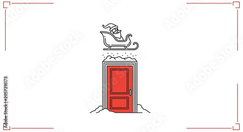 Santa Claus sleigh arriving at snowy red door, Christmas concept