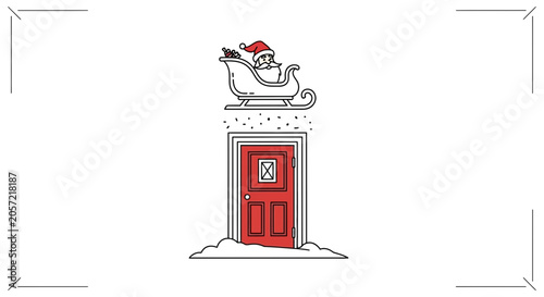 Santa Claus Sleigh Flying Over Red Door in Snow, Christmas Greeting Card