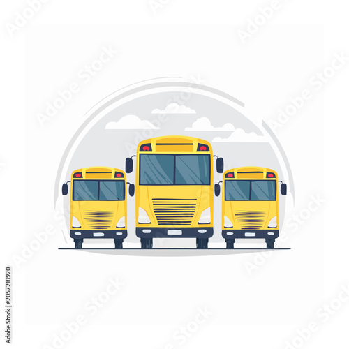 Three Yellow School Buses in Flat Design