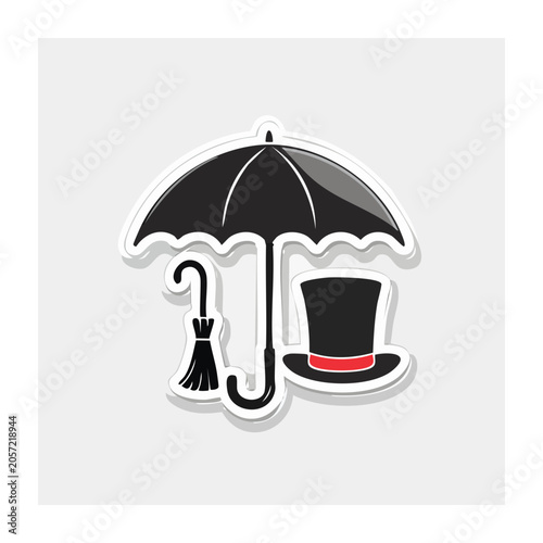 Vintage Umbrella and Top Hat Sticker Illustration