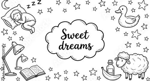 Tableau sur toile Sweet Dreams Baby Sleep Illustration with Moon, Stars, Sheep, Duck and Bedtime Nursery Elements