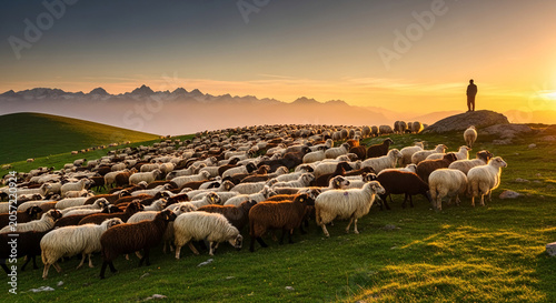 Flock of sheep grazing on a grassy hillside at sunset, with mountains in the background, symbolizing pastoral life, tranquility, and nature's beauty