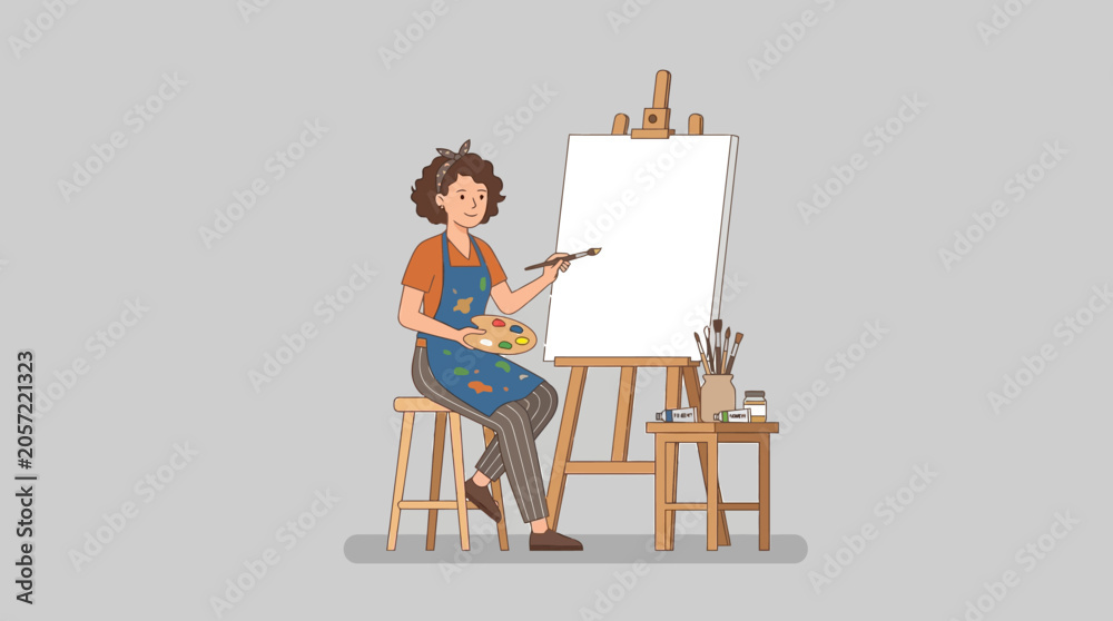 Fototapeta premium Artist painting on easel, creative process in studio, hand-drawn illustration