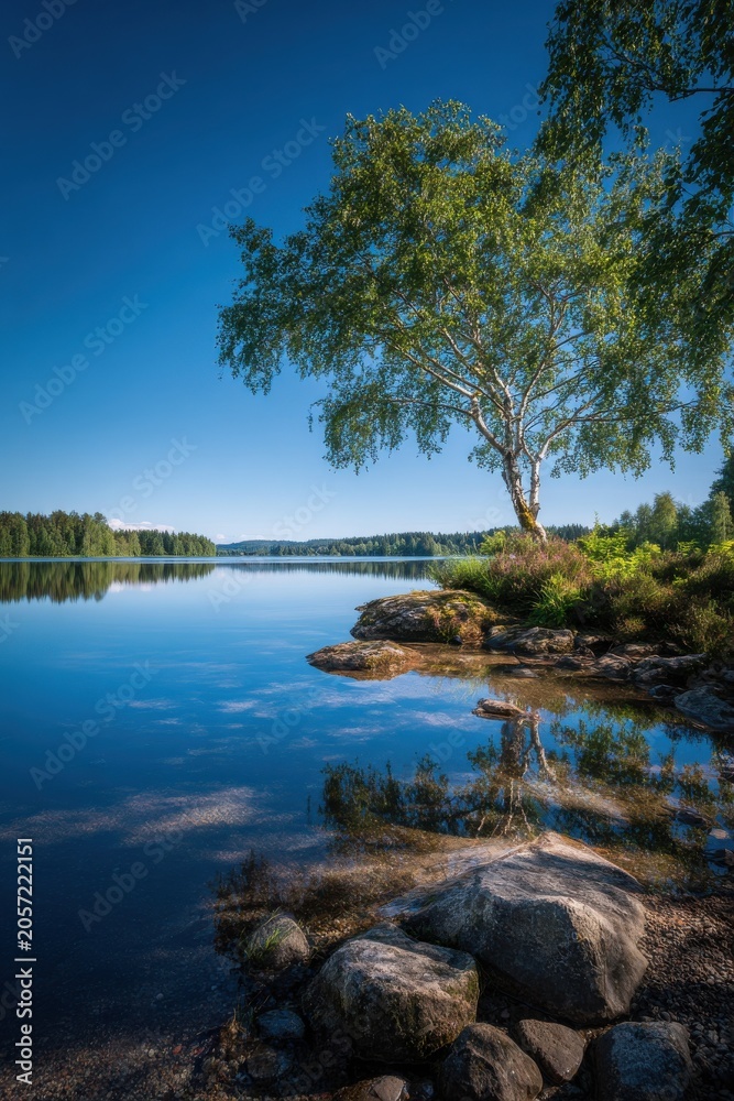 Obraz premium serene Finnish lake district landscape with tree and calm water reflection
