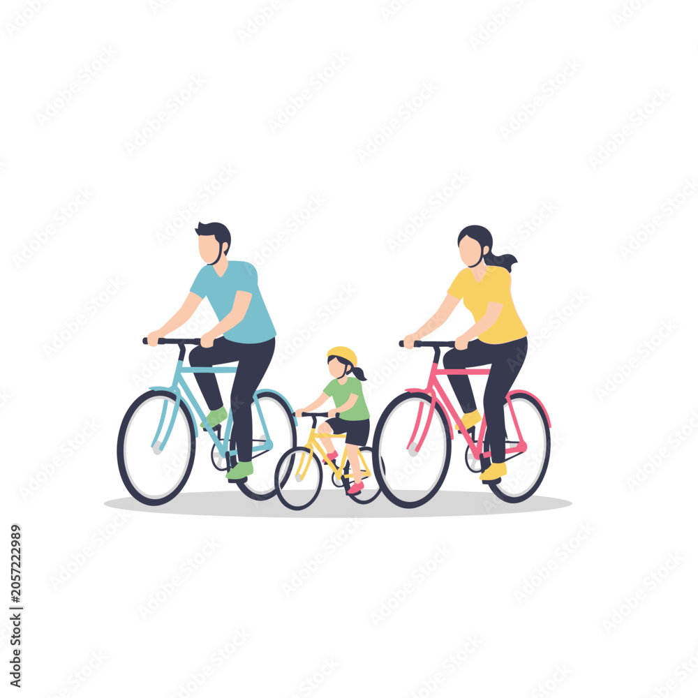 Fototapeta premium Family Cycling Together, Isolated on White Background