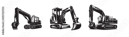 Photos Heavy Construction Excavator Silhouettes Set, Industrial Digger and Earthmover M