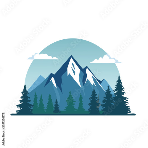 Minimalist mountain landscape with pine trees