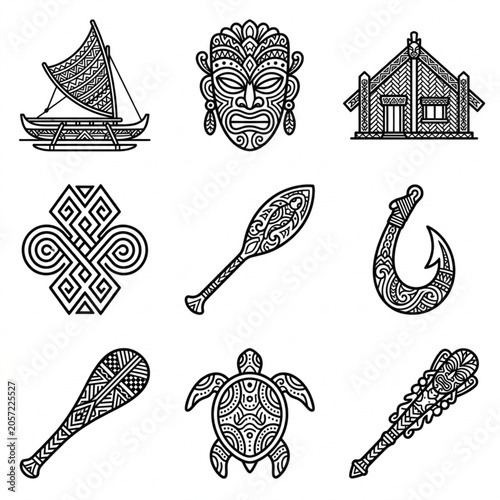 Canvastavla Maori Cultural Symbols and Objects Collection Line Art.