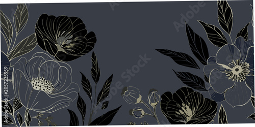 Cuadro en lienzo Floral ornament with dark blooms and golden outlines on a gray background