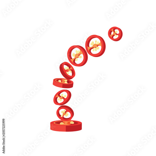 Fresh Spicy Red Chili Pepper Slices Floating in Motion for Cooking and Food Design