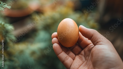 A hand gently holding a brown egg in a natural outdoor setting with blurred greenery in the background.