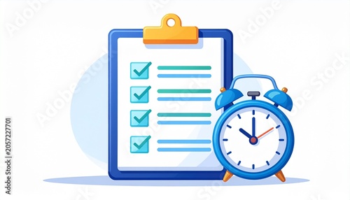 Productivity and time management concept illustration featuring a checklist on a clipboard with an analog alarm clock for task planning