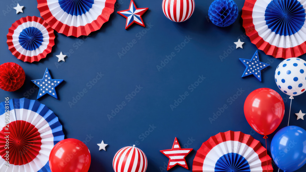 Fototapeta premium A blue background with red, white, and blue paper stars and circles arranged around the edges, creating a frame for text or an image.