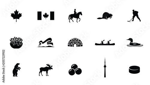 Photography Canada themed black flat vector icons representing culture nature and iconic symbols