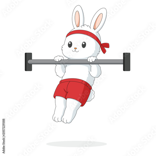 Cute Rabbit Doing Pull Up Exercise Cartoon Mascot Fitness Sport Vector Illustration